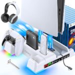 PS5 Stand and Cooling Station with RGB LED Controller Charging Station for Playstation 5 Console, 2H Fast PS5 Controller Charger, PS5 Accessories with Cooling Fan, Headset Hook (Not Fit 2023 PS5 Slim)