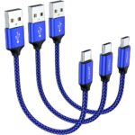 JXMOX Short USB C Cable (0.5ft 3-Pack), USB-A to Type-C 3A Fast Charging Cord Compatible with Samsung Galaxy S22 S21 S20 Ultra S10 S9, Note 10 9, A80 A70 A50 A40 A20, Power Bank, USB C Charger (Blue)