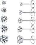 5 Pairs Stud Earrings Set, Hypoallergenic Cubic Zirconia 316L Earrings Stainless Steel CZ Earrings 3-8mm (Steel color)