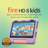 Amazon Fire HD 8 Kids tablet, ages 3-7. Top-selling 8″ kids tablet on Amazon – 2022 | ad-free content with parental controls included, 13-hr battery, 32 GB, Purple, Deal Price: 84.99, Original Price: 149.99