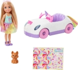Barbie Chelsea Doll & Unicorn Toy Car, Blonde Small Doll in Removable Skirt, Pet Puppy, Sticker Sheet & Accessories, 8.99, 16.99, 16.99