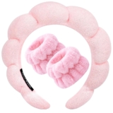 Zkptops Spa Headband for Washing Face Wristband Set Sponge Makeup Skincare, Terry Cloth Bubble Soft Get Ready Hairband for Women Girl Puffy Padded Headwear Non Slip Thick Hair Accessory(Pink)